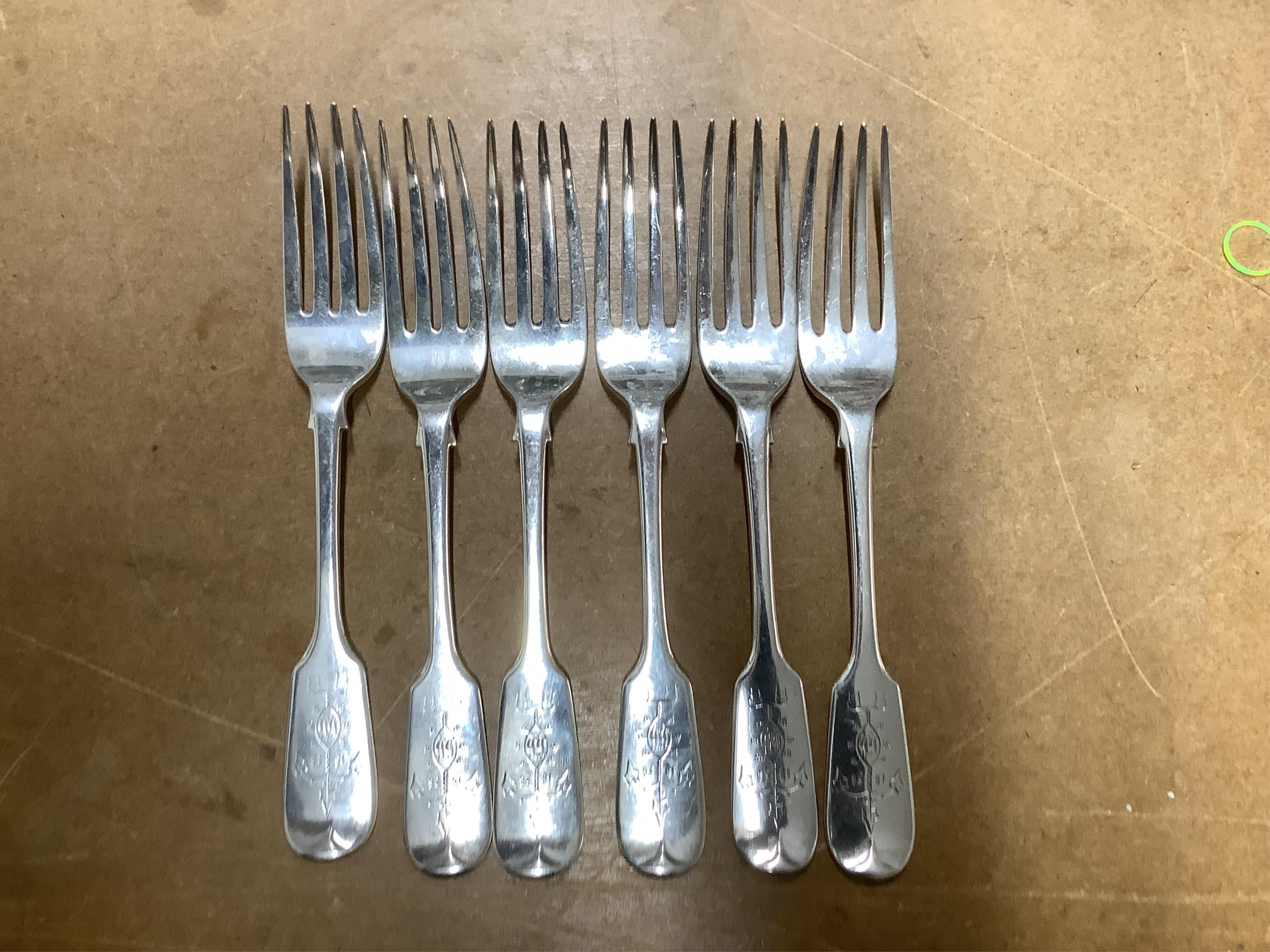 A set of twelve early Victorian provincial silver fiddle pattern table forks and six dessert forks by William Rawlings Sobey, Exeter, 1838, engraved 'Susanna Kingdon'